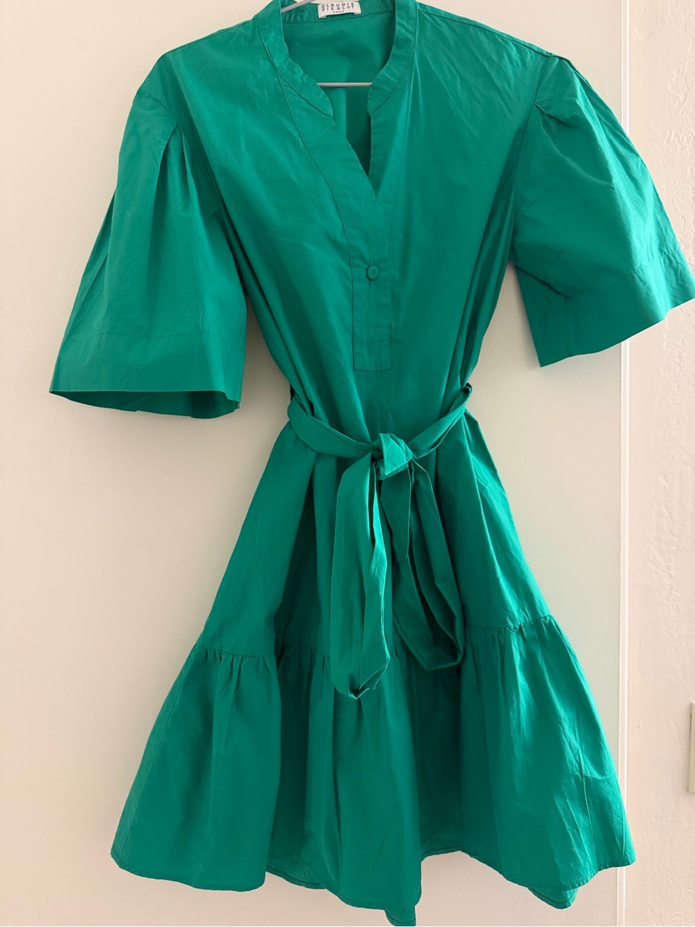 Claudie Pierlot Green Cotton Belted Midi Dress Size 36 NWOT